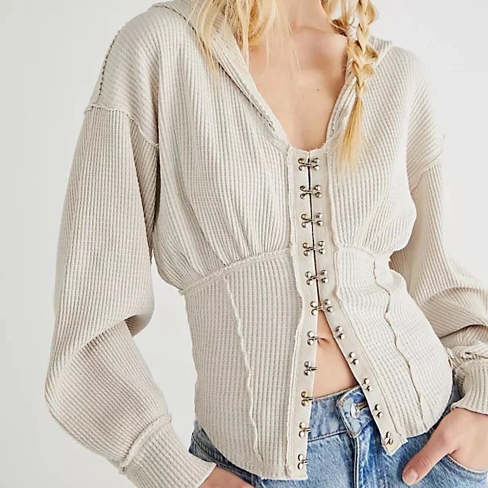 We The Free Free People Girls Night Thermal Hoodie Beige Corset Hook Eye Medium